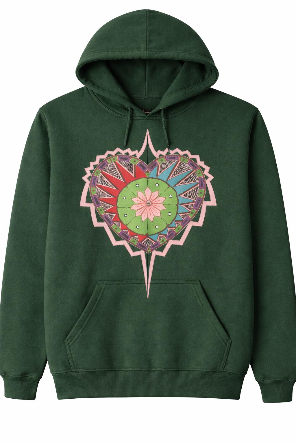 Classic Peyote Heart Hoodie - Dark Forest Green Special Edition Color, NAC, Native American Church, Tribal, Medicine Ceremony Streetwear